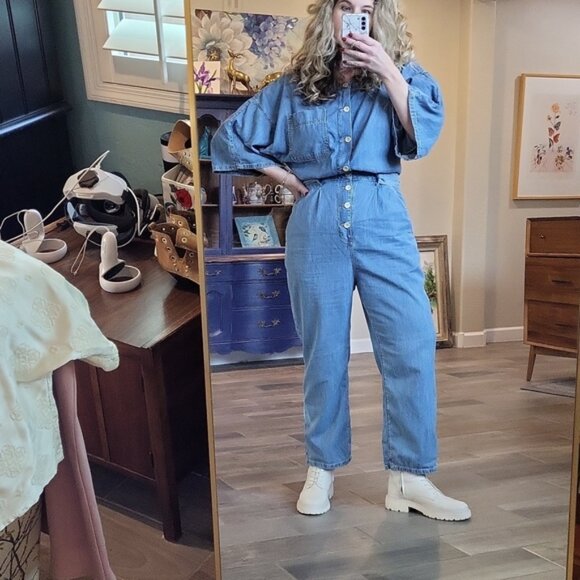 Free People Pants - Free People Marley Denim Jumpsuit Medium Wash Abbreviated Sleeves Size M